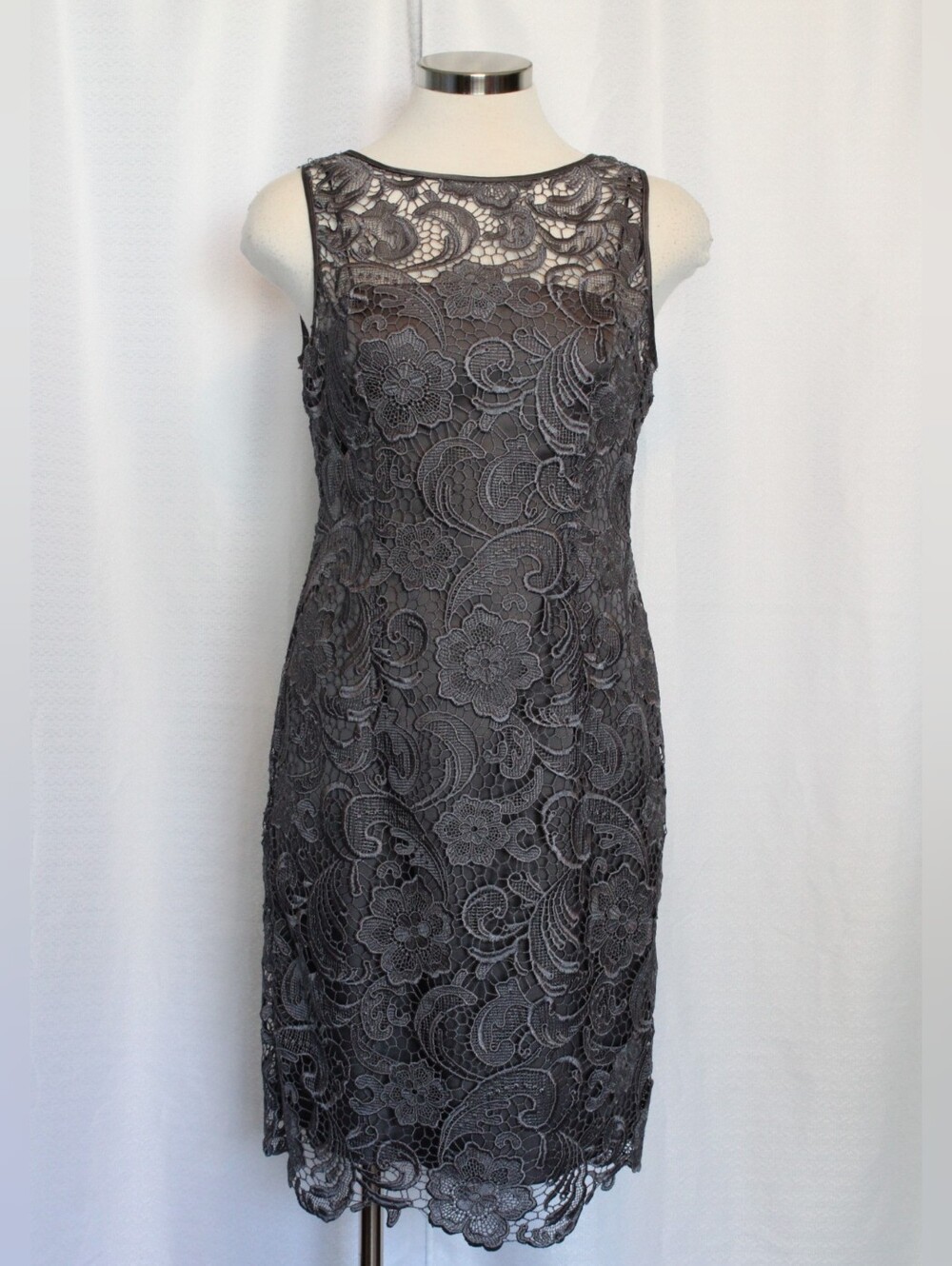 Adrianna Papell Gray Illusion Lace Sheath Dress 6P Wedding Cocktail